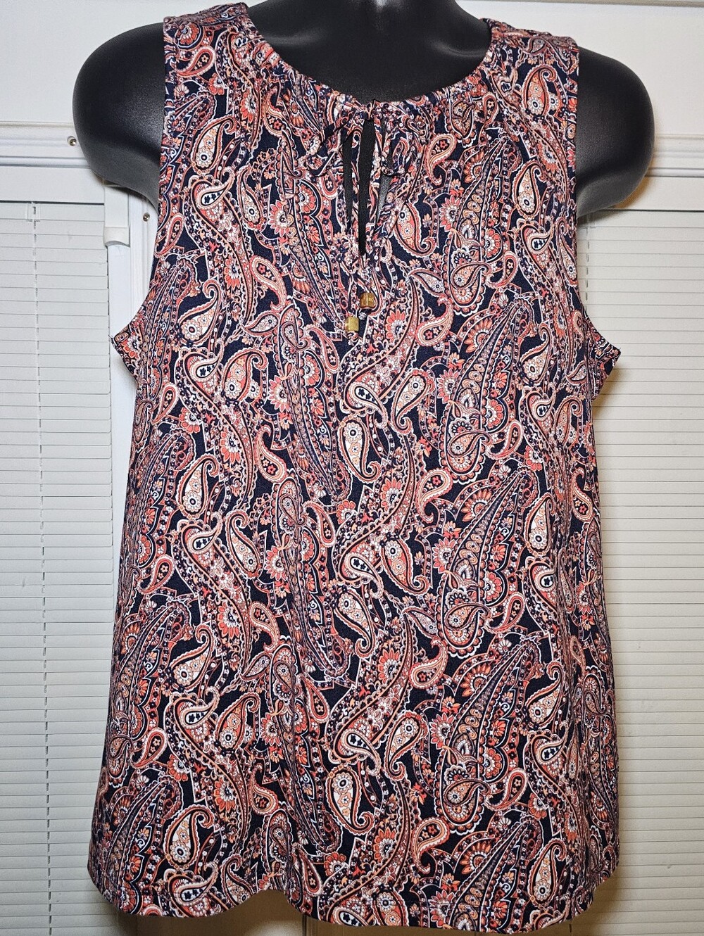 Michael Kors Women's Tank Top Size L Paisley Keyhole Sleeveless Tie Logo Beads